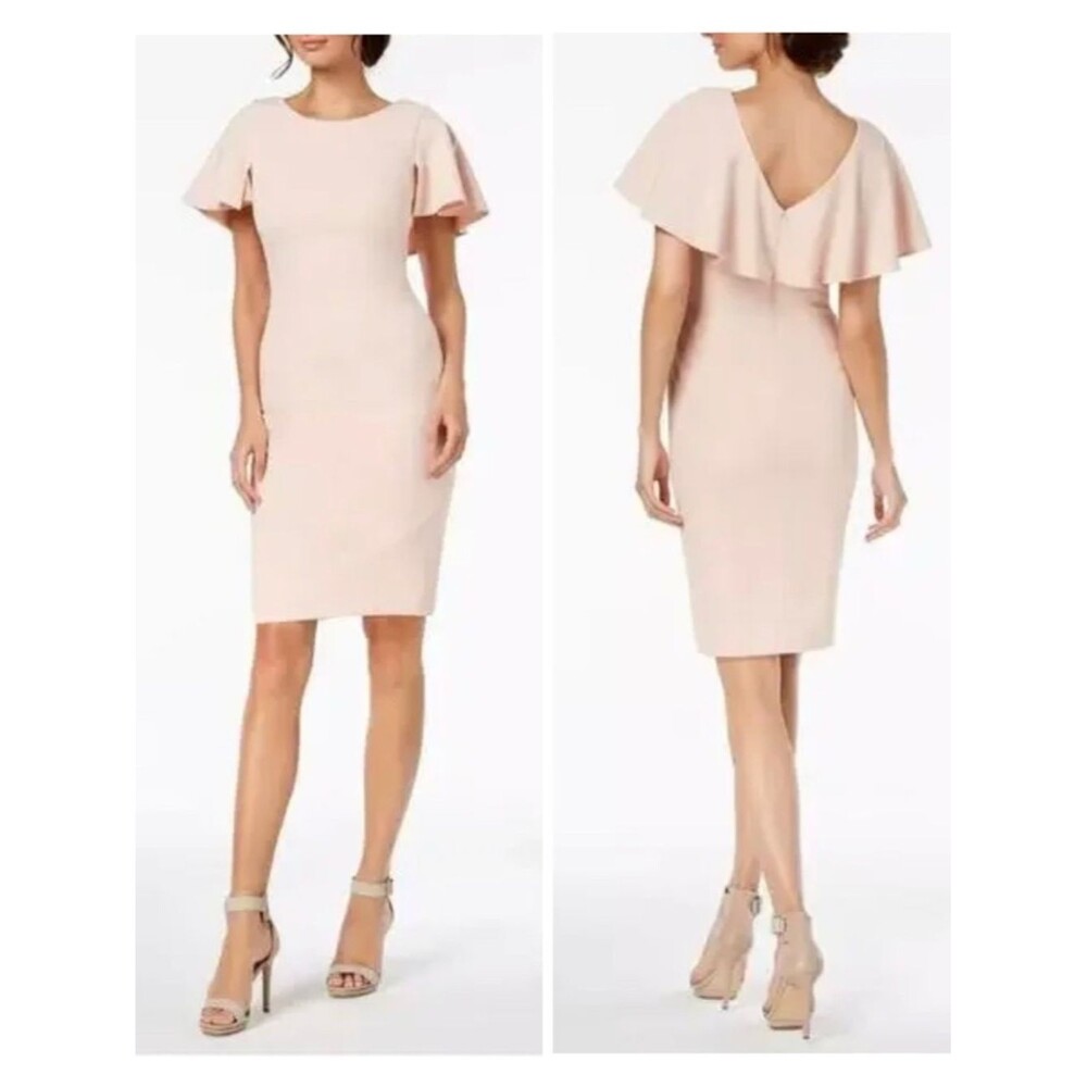 Calvin Klein Pink Ruffle V Back Flutter Sleeve Boat Neck Sheath Dress Size 6